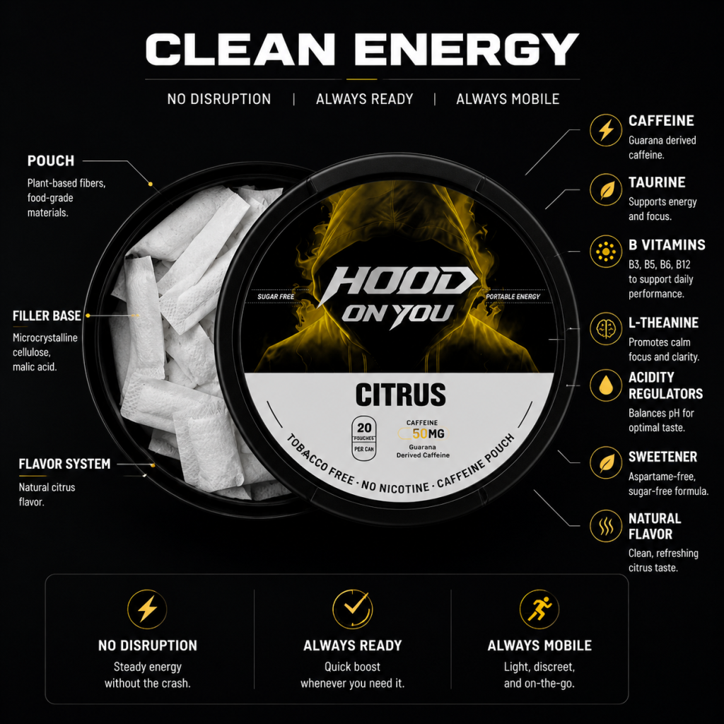 HoodonYou Citrus Energy Pouches detailed ingredient breakdown infographic showing 50mg guarana caffeine, 20 sugar-free pouches per can, and natural citrus flavor specs.